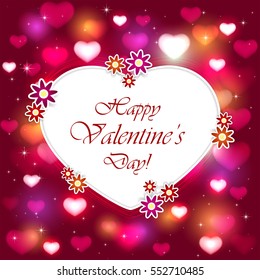 Red Valentines day background with shiny hearts, flowers, stars and lettering Happy Valentines Day, illustration.