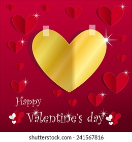 Red Valentine's Day card with abstract golden heart among red paper hearts, vector illustration