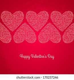 Red Valentines day card with hearts on textured background. Vector illustration. 