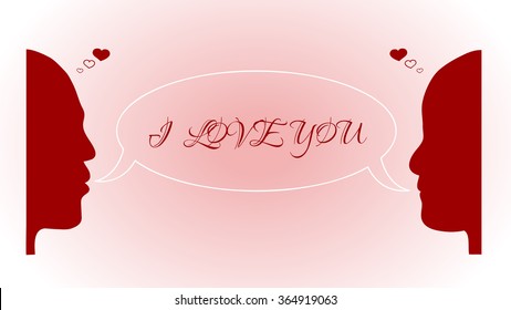 Red valentine's day card, red silhouette of woman's and man's face