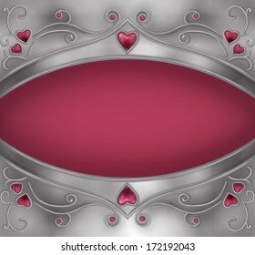 Red Valentine's day card with  silver borders with swirl ornaments and red jewel hearts