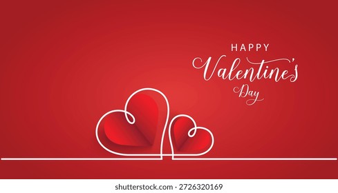 Um cartão vermelho do Dia dos Namorados com dois corações contornados brancos e as palavras Feliz Dia dos Namorados escrito em branco sobre um fundo vermelho com uma linha branca