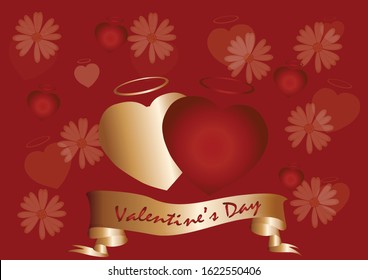 Red Valentines day concept backgraound. Vector illustration gradient rad and gold hearts with flower and little heart bokeh, Cute love banner or greeting card