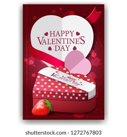 Red Valentine's Day greeting card with paper hearts, gift and strawberry