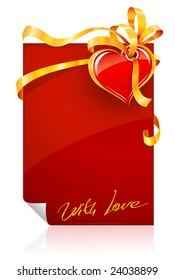 red Valentine's day greeting card with heart and gold ribbon - vector illustration