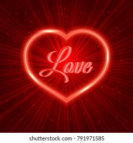 Red Valentines day greeting card with neon heart on shiny rays background. Romantic vector illustration. Easy to edit design template for your artworks.