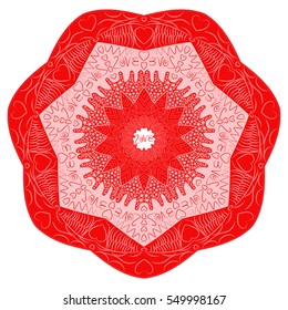 Red Valentines Day hand drawn mandala inscription love abstract kaleidoscope vector illustration. Zentangle or adult coloring page