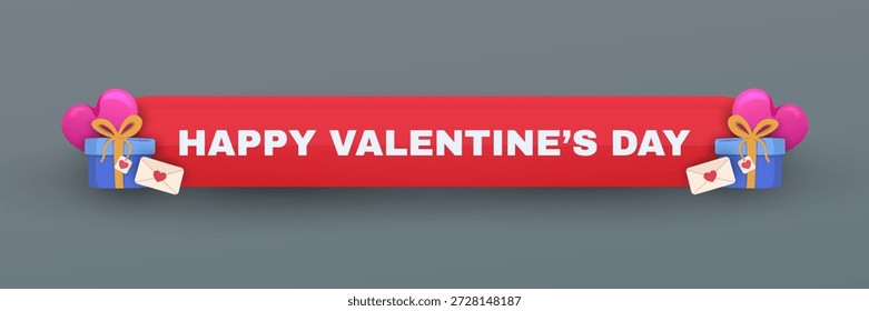 Tercer Anuncio inferior del día de San Valentín rojo con corazones rosados, cajas de regalo y Elementos decorativos