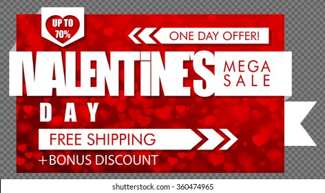 Red Valentines day sale banner. White ribbon on heart background. Special one day offer, free shipping and bonus discount.