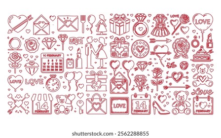 Red Valentine-themed icons featuring hearts, roses, gifts, couples, and romantic symbols. Perfect for love, holidays, and celebrations