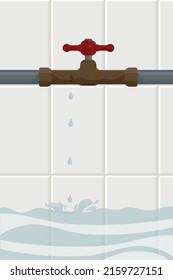red valve on a water pipe from which drops drip from a crack