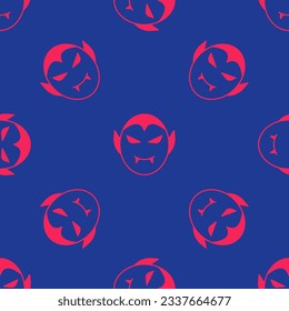 Red Vampire icon isolated seamless pattern on blue background. Happy Halloween party.  Vector