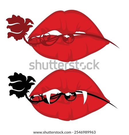 red vampire lips with fangs biting rose stem - vector design set of voluptuous mouth holding flower