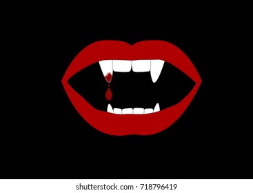 red vampire lips with fangs on black background.