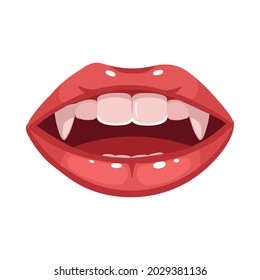 Red Vampire Lips. Mouth With Long Canine Teeth.