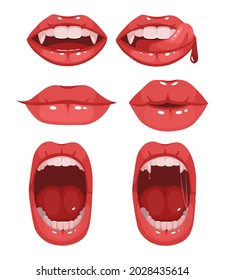 Red vampire lips.  Set of different emotions. Mouths with long canine teeth. Vector cartoon illustration isolated on white background.  