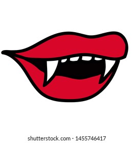 Red vampire mouth with fangs vector illustration. Scary Haloween sticker.