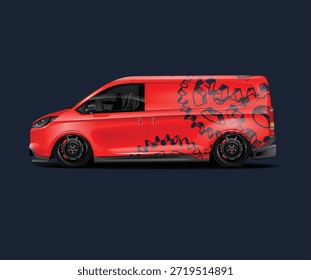 Uma van vermelha apresenta um design de dragão lindamente renderizado em toda a sua superfície exterior.