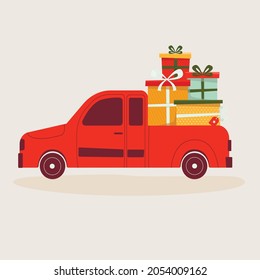 Red van with a present. Vector illustration.