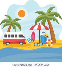 Red van with summer accessories on beautiful tropical sand beach concept vector colorful design, Nature and landscape postcard, Scenic warm Season Vibes Sign, Idyllic Remote Resort stock illustration