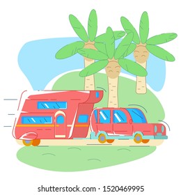 Red van for traveling rides on the road, in background are the houses of palms