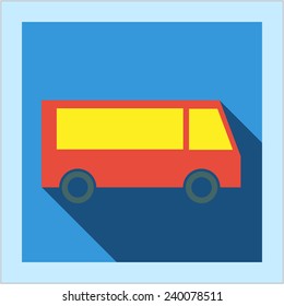 Red van vehicle button with icon photo frame card in flat style with long shadow, for web, transport and transportation business design