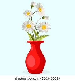 Red vase and chamomile flowers in a vase