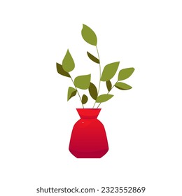 Red Vase with a Plant Isolated. Interior Design Element. Cute Vector Illustration in Cartoon Style.