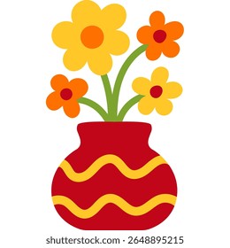 Vaso vermelho com padrão ondulado amarelo e flores amarelas alaranjadas. Buquê floral decorativo em estilo de desenho animado plano. Isolado. Ilustração de vetor de estoque em estilo de desenho animado plano.
