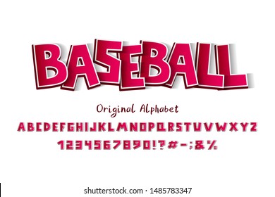 Red vector 3D alphabet. Original capital English letters, numbers. Retro typeface, square shape Latin font. Baseball characters set, red gradient color, transparent shadows, for sports design.
