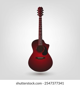 A Red vector acoustical guitar wooden icon on white background, with six strings on it. a musical guitar symbol in red color is used for singer, musical brand, stages.