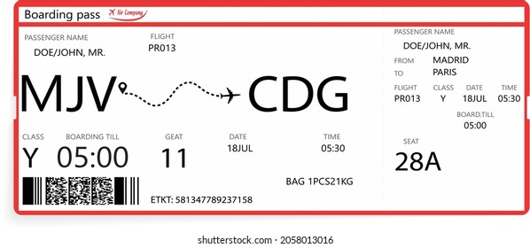 Rote Vektor-Fluggesellschaft Passagier- und Gepäckausweis. Konzept der Reise, Reise oder Geschäftsreise. Bootpass-Vorlage