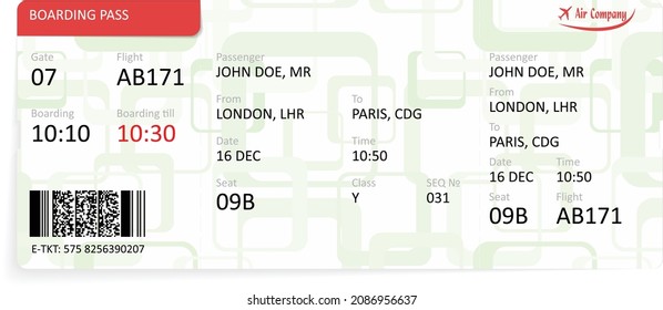 Red vector airline passenger and baggage boarding pass ticket. Concept of travel, journey or business trip. Boarding pass template