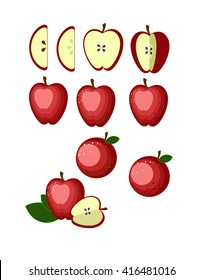 Red vector apple set with green leaves and slices