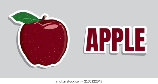 Pegatina de manzana vector rojo. Frutos jugosos aislados de fondo gris. Red Delicious. Letras