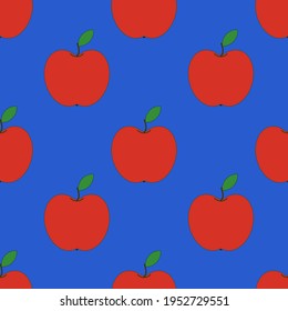 red vector apples. seamless print for print or fabric. fruits on blue background