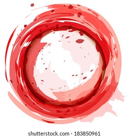 Red vector background with brush strokes and splashes. Round frame. 