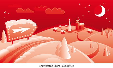 Vector rojo Fondo de la tarjeta de Navidad con caminos, colinas, letreros, pueblo, árbol de navidad