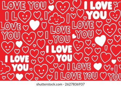 A red vector background filled with doodle style “I love you” text, drawn repeatedly in playful handwritten fonts with hearts and romantic accents.

