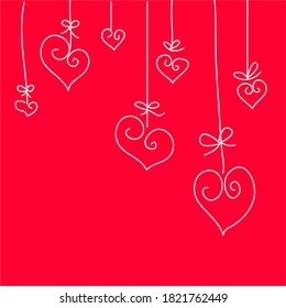 red vector background with a garland of white hearts on a thread