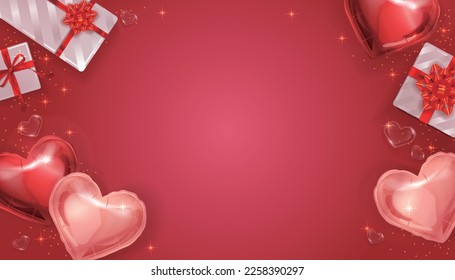 Red vector background on the theme of gifts with heart shaped balloons