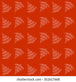 Red vector background pattern with low poly linear Christmas tree doodles.