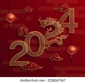 Red vector background, premade card template. Chinese illustration of the zodiac sign Dragon. Chinese lunar calendar 2024 symbol in gold paper cut style with traditional patterns. Chinese new year.