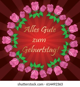 red vector background with roses and rays - Alles gute zum Geburtstag - Happy birthday