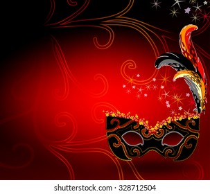 The red vector background template with Carnival Venetian mask decorated with multi-color  feathers and the golden tinsel. Under the mask are located the stars.
