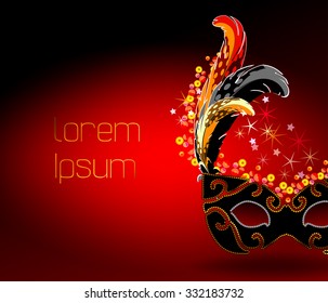 The red vector background template with Carnival Venetian mask decorated with black and orange feathers and golden pattern.