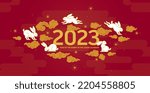 Red vector banner, poster, premade card template. Chinese illustration of the Rabbit Zodiac sign. Symbol of 2023 in the Chinese Lunar calendar. Black Water Rabbit, Chine Calendar.