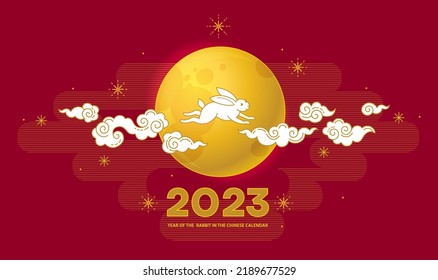 Red vector banner, poster, premade card template. Chinese illustration of the Rabbit Zodiac sign. Symbol of 2023 in the Chinese Lunar calendar. Black Water Rabbit, Chine Calendar.