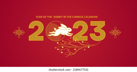 Red vector banner, poster, premade card template. Chinese illustration of the Rabbit Zodiac sign. Symbol of 2023 in the Chinese Lunar calendar. Black Water Rabbit, Chine Calendar.