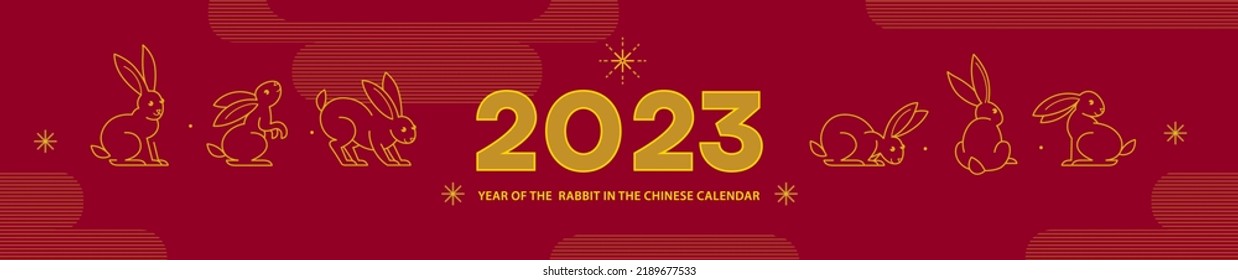 Red vector banner, poster, premade card template. Chinese illustration of the Rabbit Zodiac sign. Symbol of 2023 in the Chinese Lunar calendar. Black Water Rabbit, Chine Calendar.